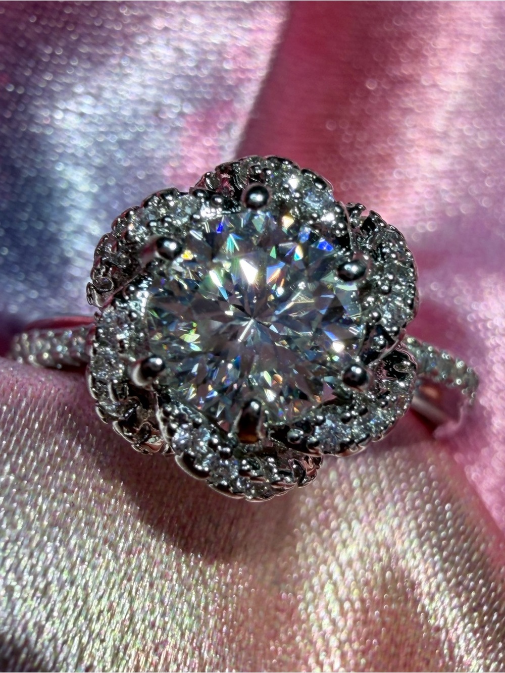 New 1 Carat Moissanite Ring with floral Halo accents and Pave' Band - Picture 6 of 13